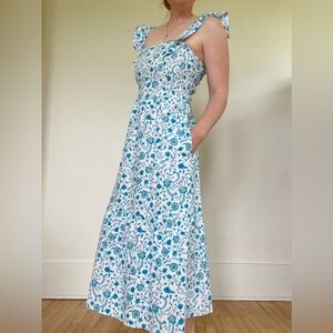 100% cotton ruffle Sleeveless Blue Floral Maxi Dress